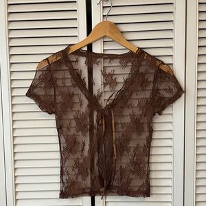 Brown Sheer Lace Tie-Front Top